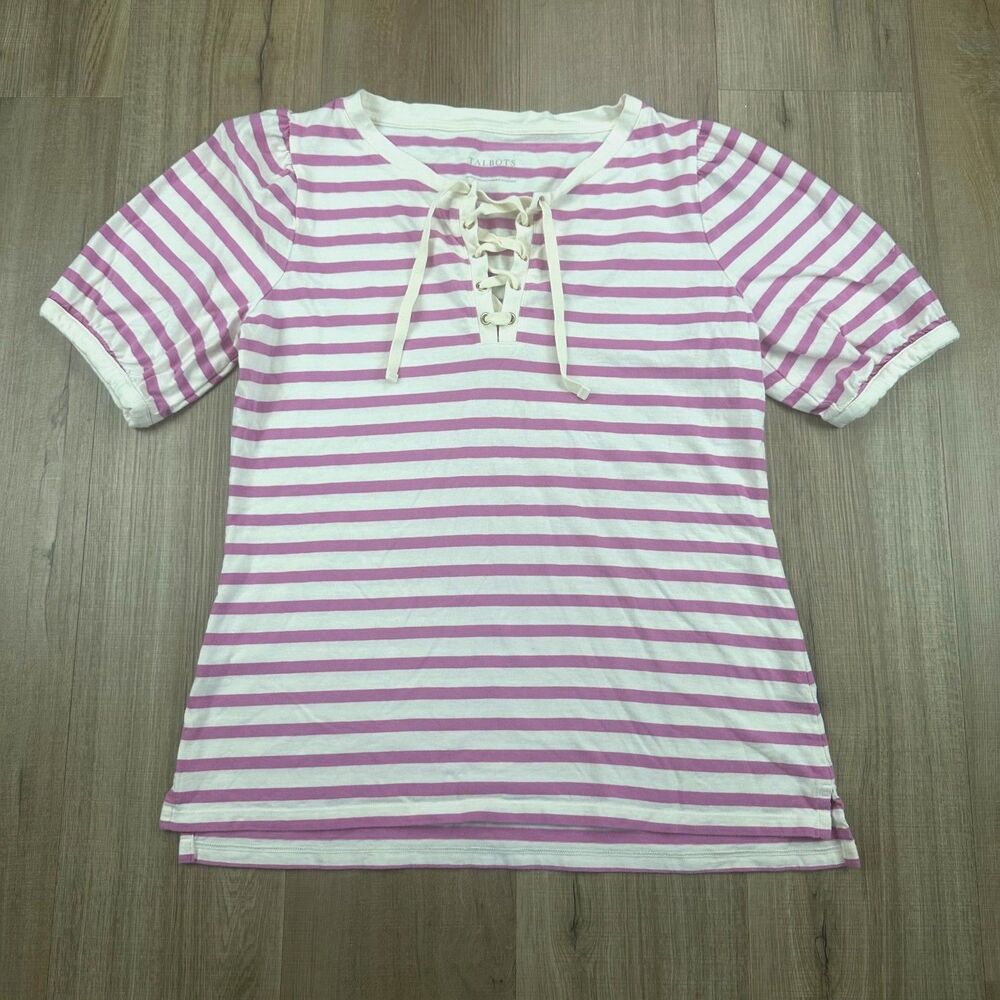 Talbots Women's M White Pink Striped Puff Sleeve Lace-Up Tie-Front Nautical